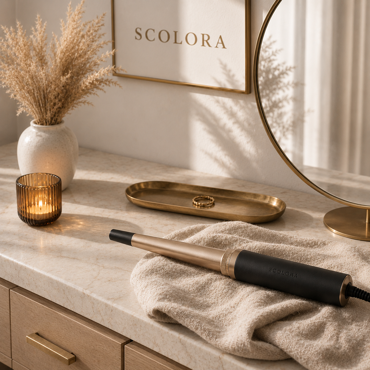 Scolora styling wand on a cream marble vanity