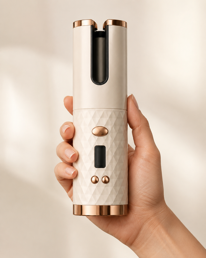 Scolora Coil cordless curler held in hand to show its compact size