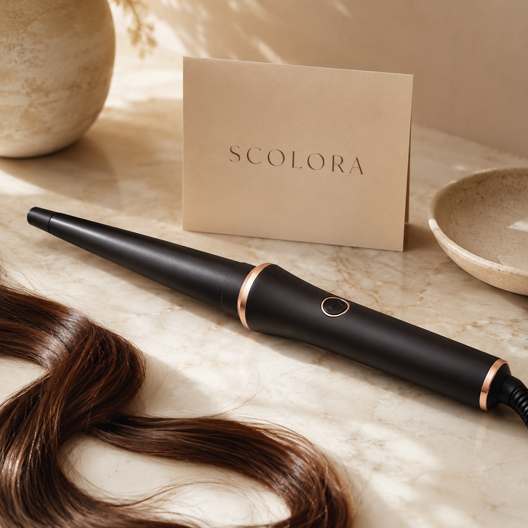 Scolora curling wand on marble beside a Scolora brand card