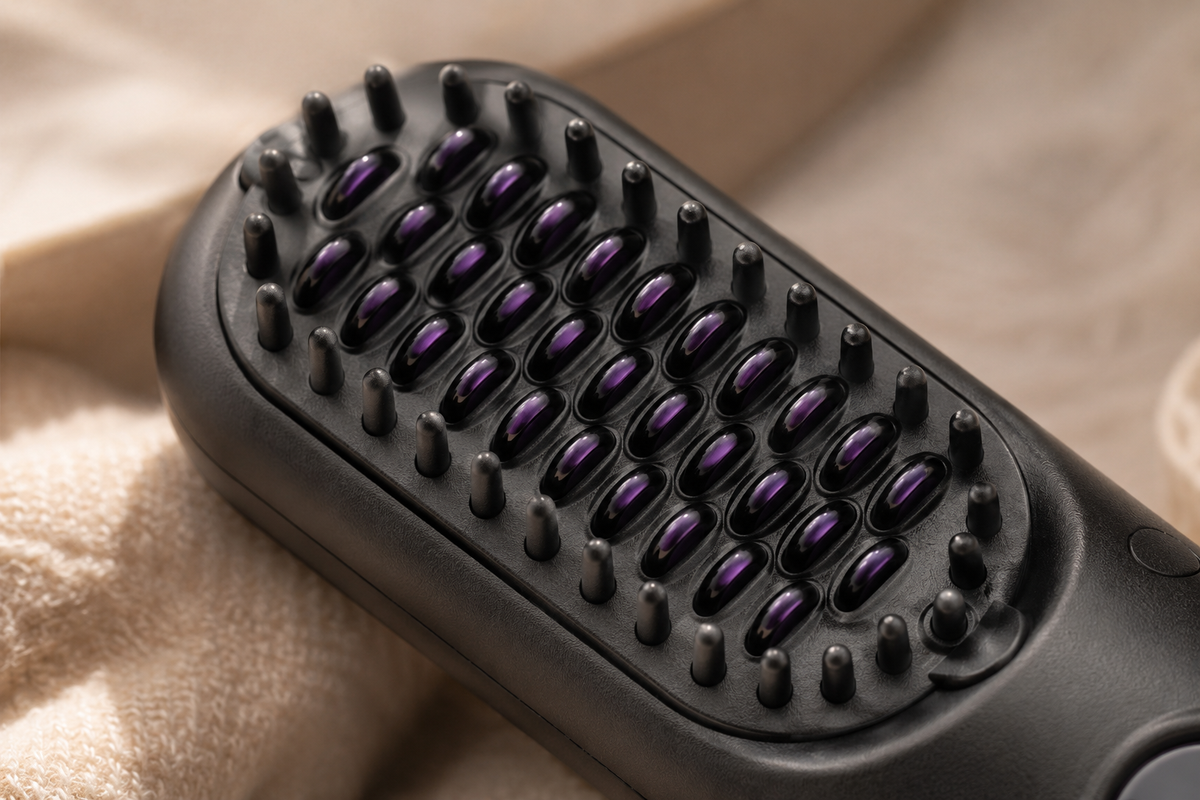 Close-up of the Scolora Mini ceramic heated comb teeth