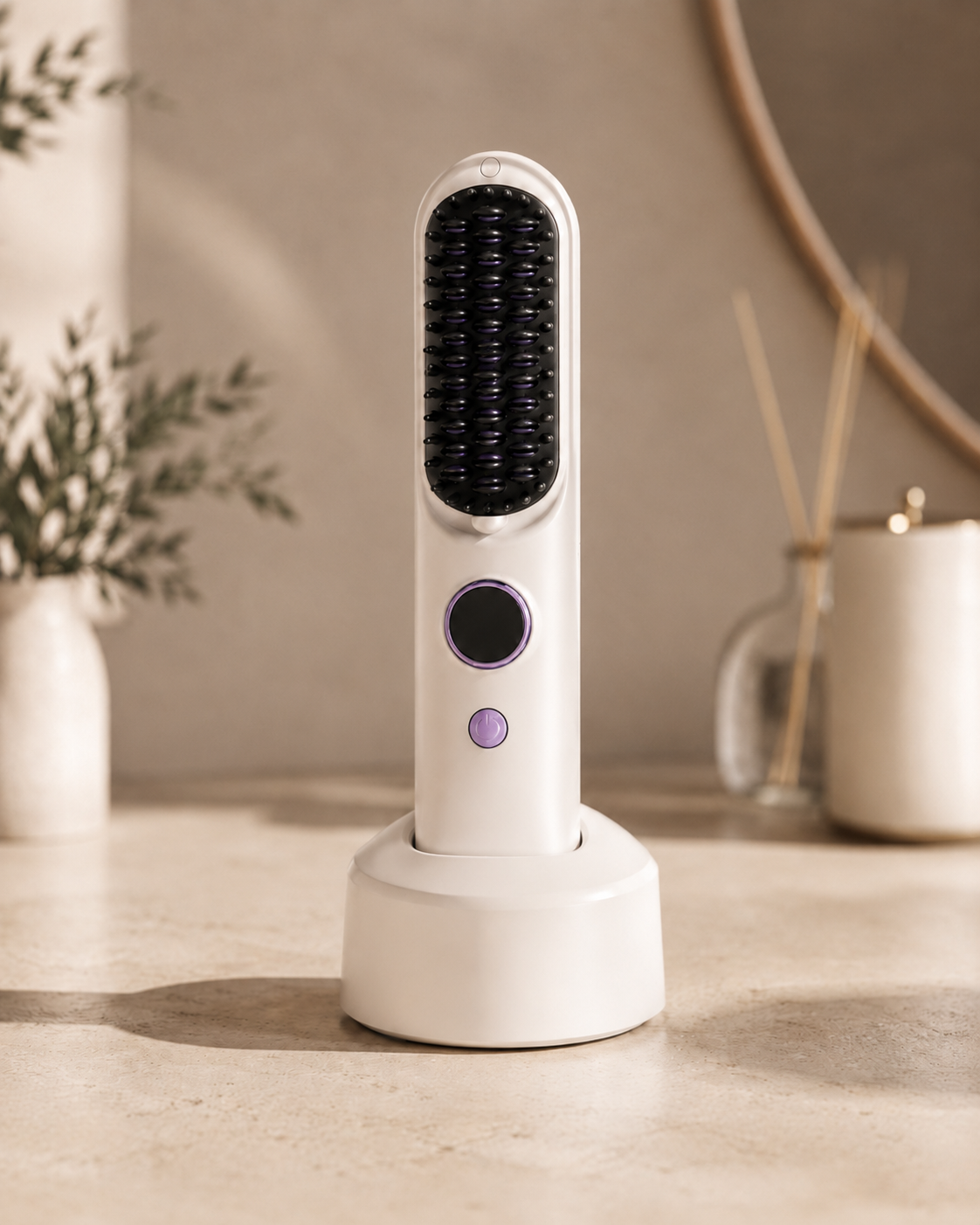 Scolora Mini straightening brush on its charging stand