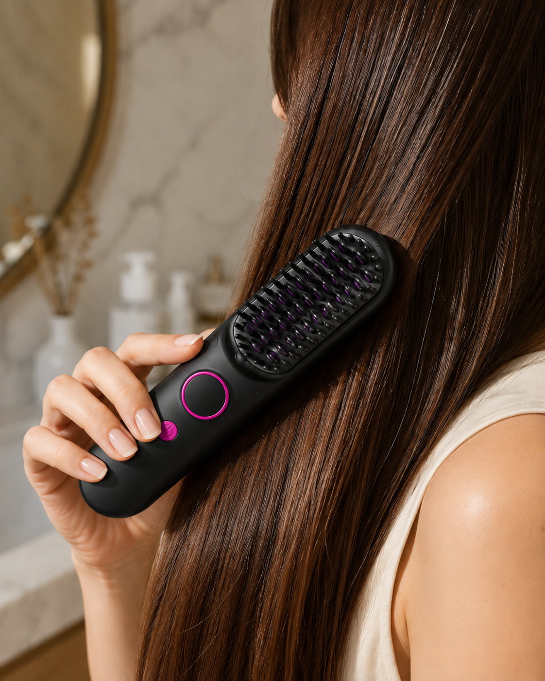 Scolora Mini being combed through long smooth hair