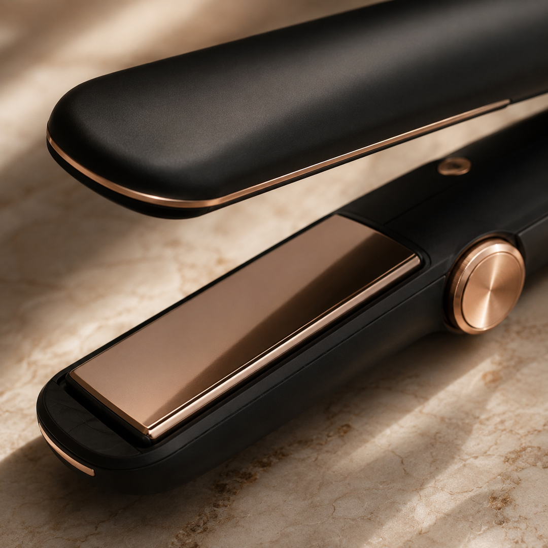 Close-up of a Scolora straightener's ceramic plate and rose-gold detail